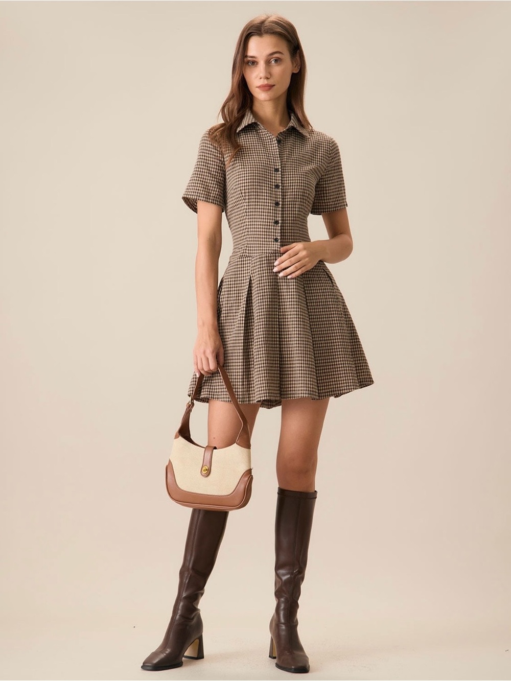 RIHOAS 100% Cotton Brown Plaid Lapel Pleated Mini Dress